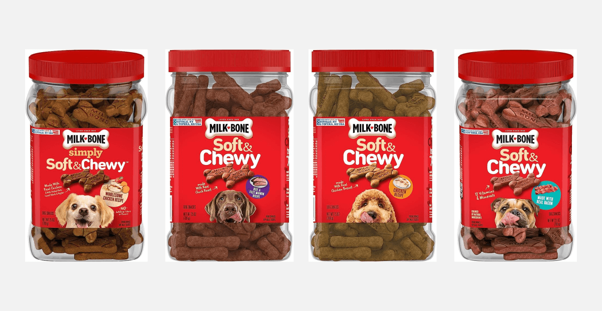 Four different flavors of Milk-Bone Soft and Chewy Dog Treats